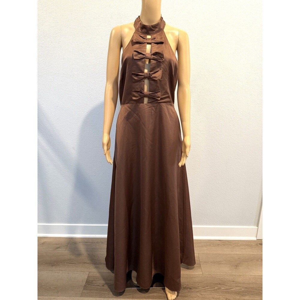 Petal & Pup Norva Bow Front Halter Satin Maxi Dress Chocolate Brown NWOT Sz 10 - Picture 3 of 16